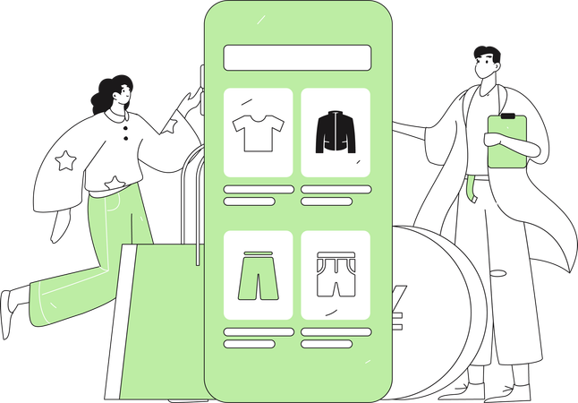 Girl And Man Doing Shopping From Shopping Application  Illustration
