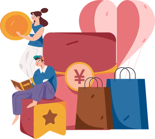 Girl and man doing shopping payment  Illustration