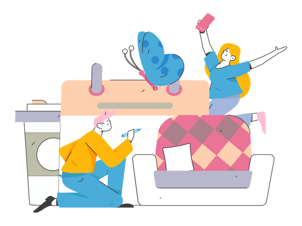 Girl and man doing work at home  Illustration