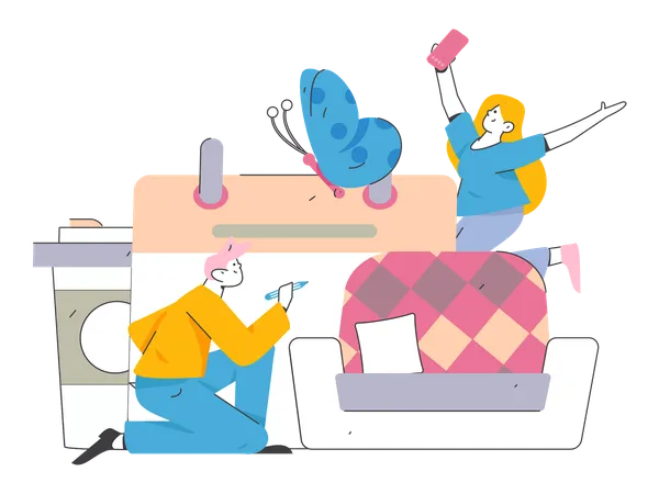 Girl and man doing work at home  Illustration