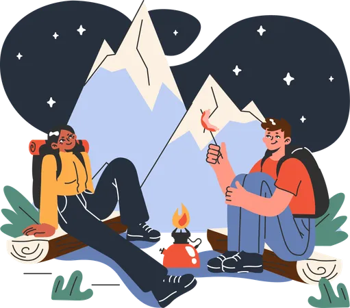 Girl and man enjoying outdoor food at montain trek  Illustration