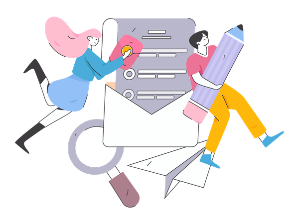 Girl and man flying in air while getting task mail  Illustration