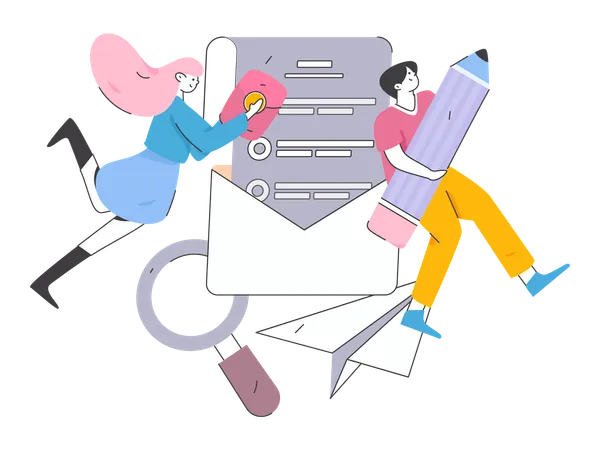 Girl and man flying in air while getting task mail  Illustration