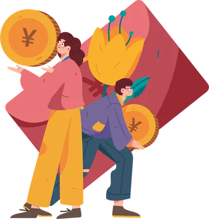 Girl and man holding yen coin  Illustration