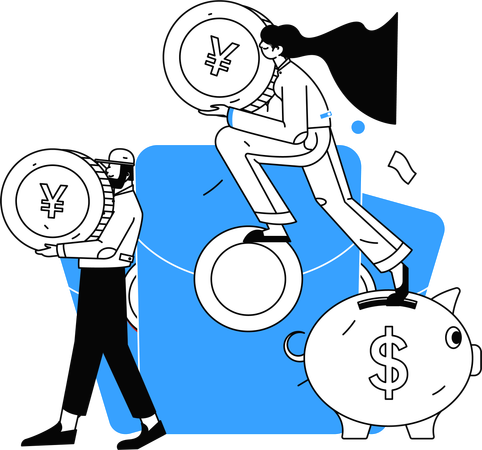 Girl and man holding yen coin while savings money in piggy bank  Illustration