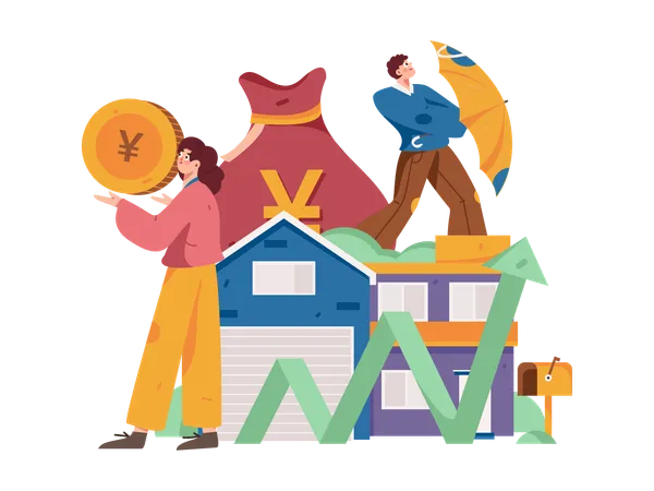 Girl and man invest money in property  Illustration