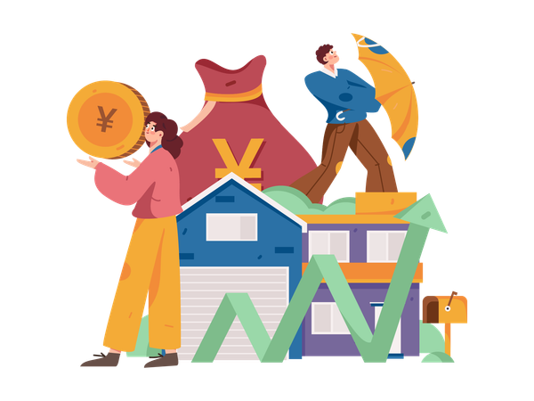 Girl and man invest money in property  Illustration