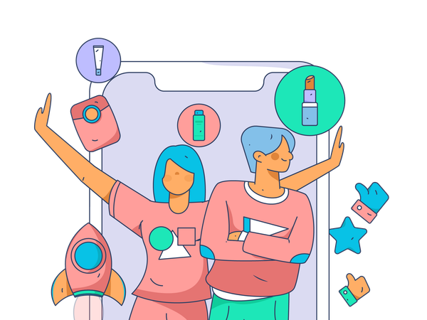 Girl and man looking cosmetic review  Illustration