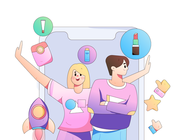 Girl and man looking cosmetic review  Illustration