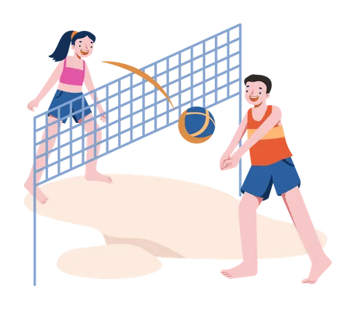 Girl and man  playing volley ball  Illustration