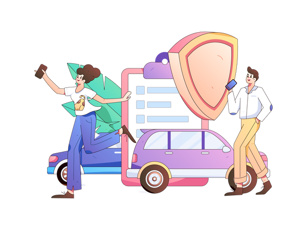 Girl and man running for car insurance policy  Illustration