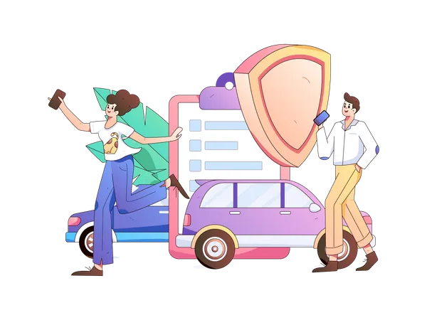 Girl and man running for car insurance policy  Illustration