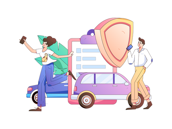 Girl and man running for car insurance policy  Illustration