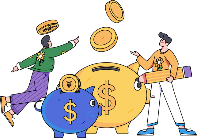 Girl and man saving money in piggy bank  Illustration