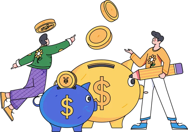 Girl and man saving money in piggy bank  Illustration