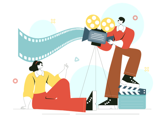 Girl and man shooting movie in studio with camera  Illustration