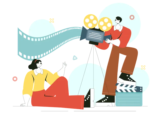 Girl and man shooting movie in studio with camera  Illustration