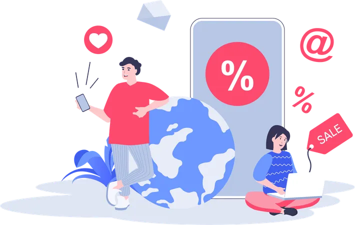 Girl and man working on sale marketing  Illustration