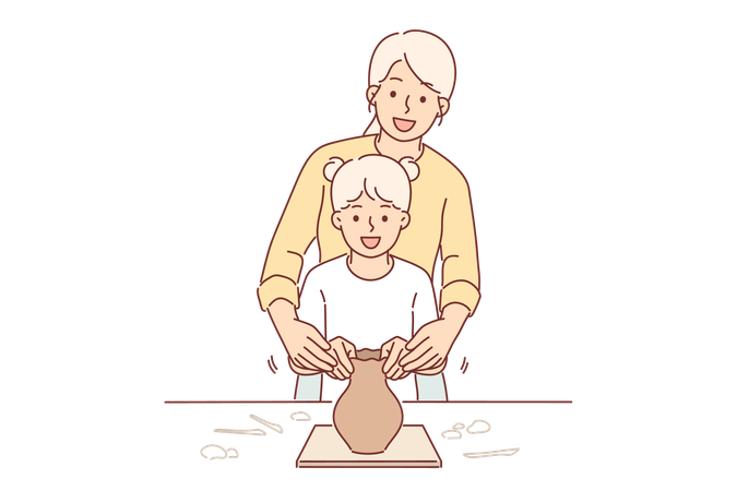 Girl and mother are making ceramic pot  일러스트레이션
