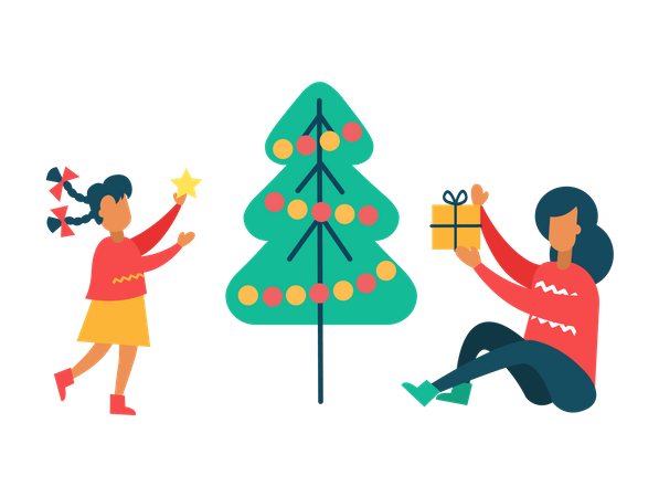 Girl and Mother Decorates chrsitmas Tree and christmas Gift  Illustration