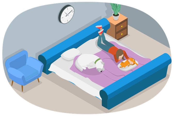 Girl and pets resting at Comfort and Coziness in House  Illustration