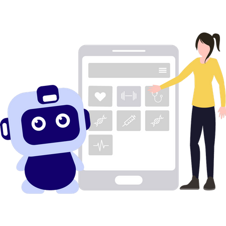 Girl and robot making health schedule on mobile  Illustration