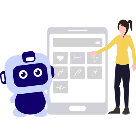 Girl and robot making health schedule on mobile  Illustration