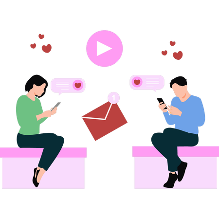 Girl and the boy are using mobile phones for love chat  Illustration