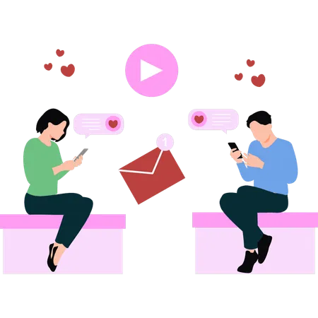 Girl and the boy are using mobile phones for love chat  Illustration