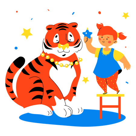 Girl and Tiger Preparing to Celebrate Winter Holidays Illustration