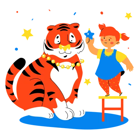 Girl and Tiger Preparing to Celebrate Winter Holidays Illustration