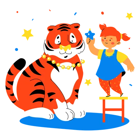 Girl and Tiger Preparing to Celebrate Winter Holidays  Illustration