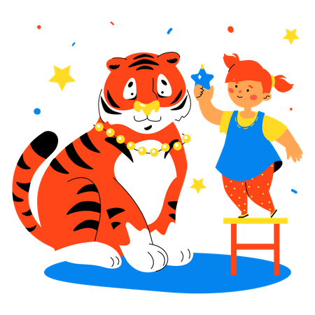 Girl and Tiger Preparing to Celebrate Winter Holidays  일러스트레이션