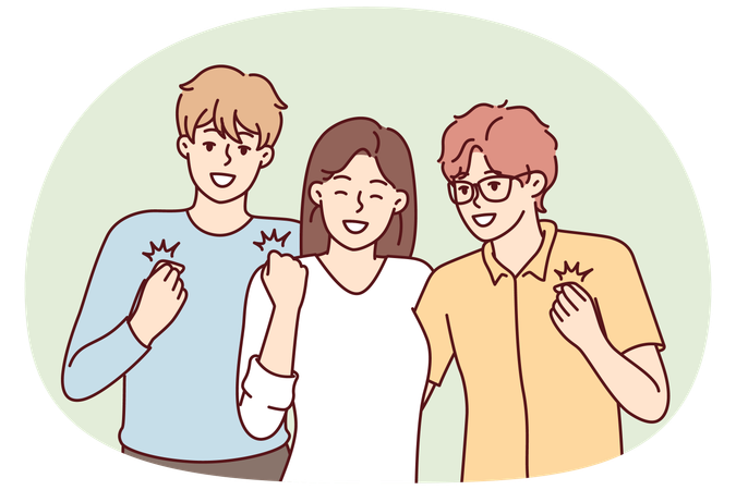 Girl and two guys with smile on faces make winning gesture rejoicing upcoming vacation  Illustration