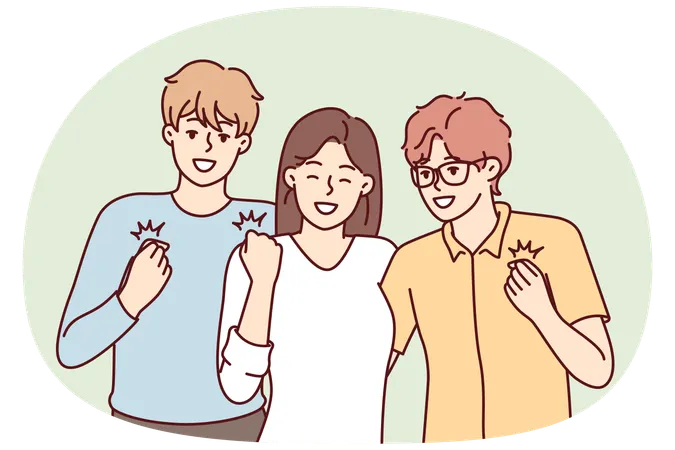 Girl and two guys with smile on faces make winning gesture rejoicing upcoming vacation  Illustration