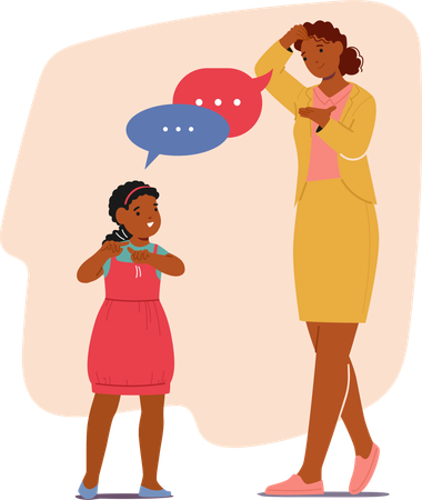 Girl And Woman Engaging In Conversation Using Sign Language  Illustration