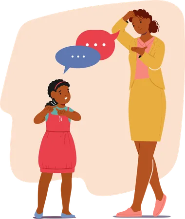 Girl And Woman Engaging In Conversation Using Sign Language  Illustration