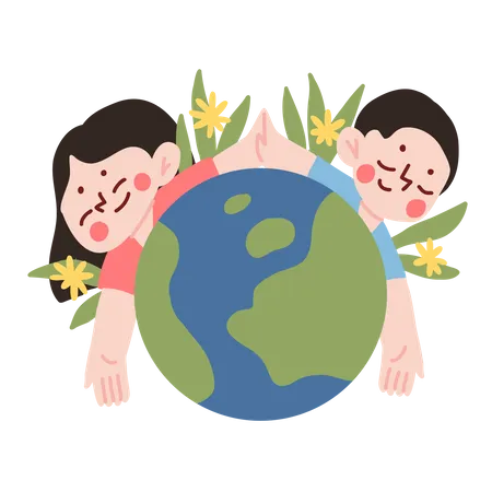 Girl andboys with Earth  Illustration
