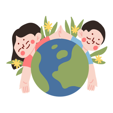 Girl andboys with Earth  Illustration