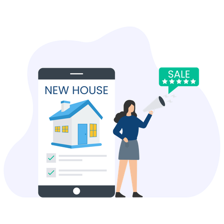 Girl announcing House Sale  Illustration