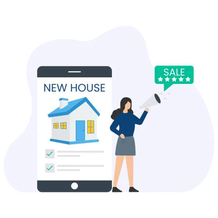 Girl announcing House Sale  Illustration