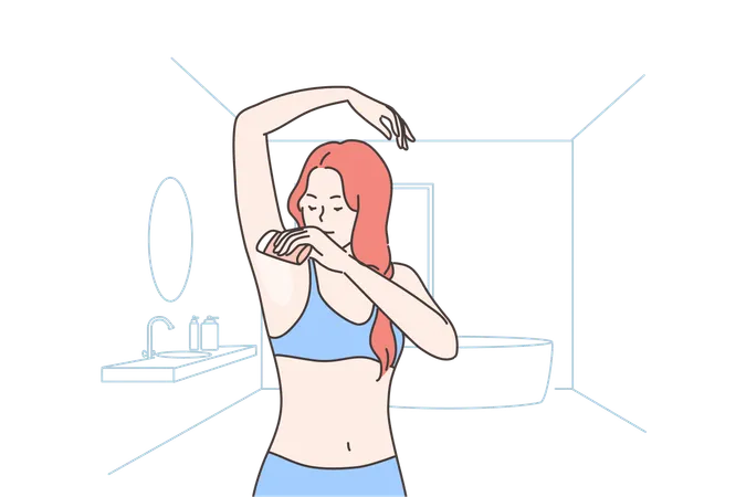 Health Care Smell Concept Young Happy Woman Or Girl Cartoon Character Applying Deodorant On Armpit For Good Fresh Scent Healthy Lifestyle And Domestic Daily Morning Routine Procedure Illustration Illustration