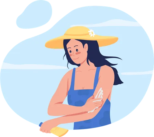 Girl Applying Sunscreen Lotion On Arms 2 D Vector Isolated Illustration Skincare Routine Young Woman In Straw Hat Flat Character On Cartoon Background Spending Time At Beach Colourful Scene Illustration