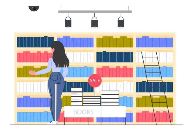 Girl arranging books in store  Illustration