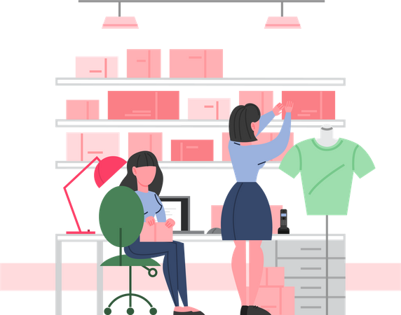 Girl arranging stock in clothing store Illustration