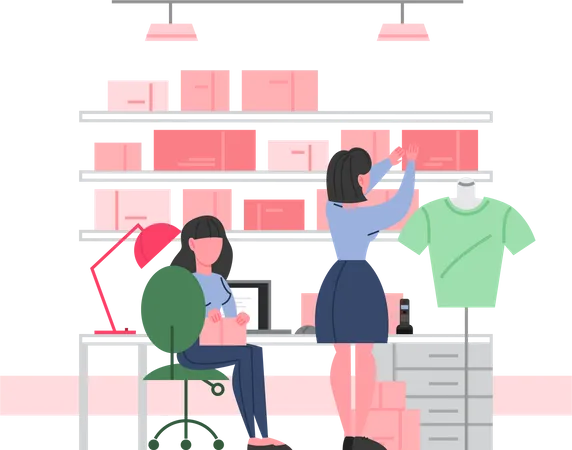 Girl arranging stock in clothing store  Illustration