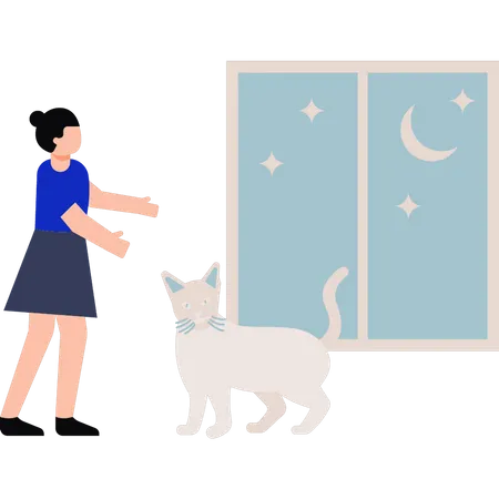 The Girl Is Asking The Cat To Come Illustration