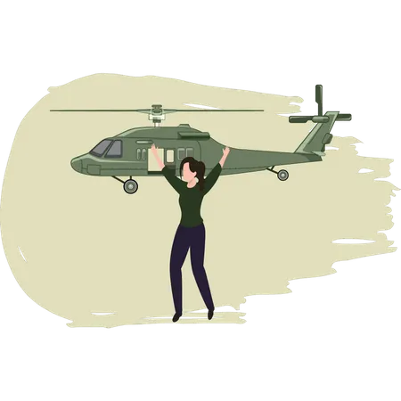 Girl Asking For Help From The Helicopter  Illustration