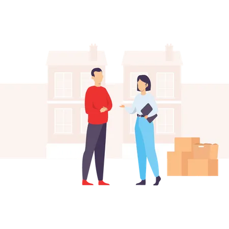 Girl Talking To A Man About Parcel Delivery With Holding A File Or Board Illustration