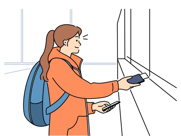 Girl at airport passport check terminal  Illustration